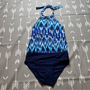 Athena One Piece Swimsuit Sz 6 Halter Peek-a-boo Front Printer Blue Push Up NWOT